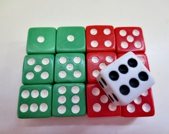 Vintage Colored Dice  Collection of 13 -  A Single White Dice -  Plus -  3 Pairs of Green and Red   - Plastic Game  Dice -  1970s