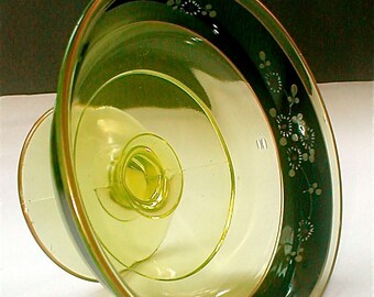 Vaseline Depression Glass Compote Bowl - Mary Jane Glassware - Footed Bowl - Vintage 30s Deco Design