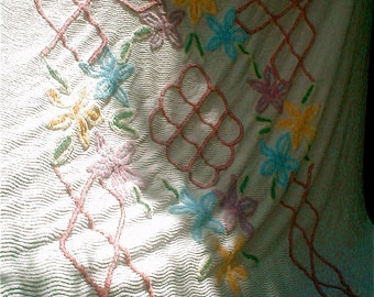Flowered Chennile Bedspread -  White with Multi Colored Blooms Vintage 50s  Twin Bed Sized - Cottage Chic