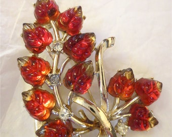 Coro Red Glass Branch Brooch - Jelly-Like Leaves - Bright Ruby and Amber Ombre - Vintage 1950s