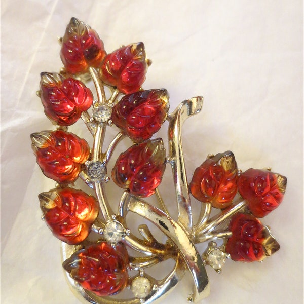 Coro Red Glass Branch Brooch - Jelly-Like Leaves - Bright Ruby and Amber Ombre - Vintage 1950s