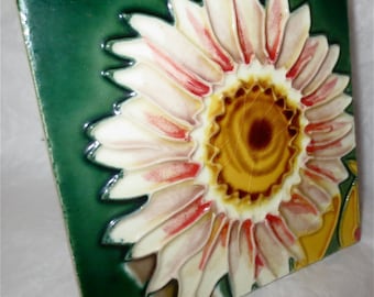 Gerber Daisy Ceramic Tile - Sunflower of the Garden- Retro - Self Standing Mount to Wooden Easel - Wall or Mosaic