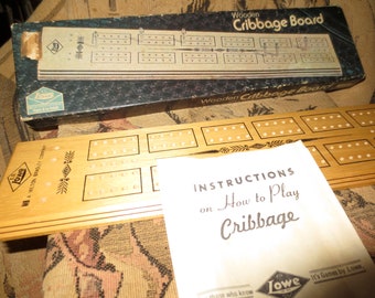 Cribbage Game 2 Lane Board - Complete with Instructions and Metal Pegs - Vintage 1970s - Hard Oak Wood by Lowe -