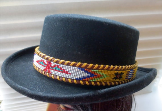 BoHo Hat - Black Wool Felt-With Beaded Leather Ba… - image 4