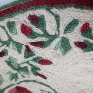 K&ouml;nnte beinhalten: Nahaufnahme eines cremefarbenen Teppichs mit rotem und gr&uuml;nem Blumendesign. Der Teppich hat einen roten Rand und ist aus weichem, flauschigem Material.