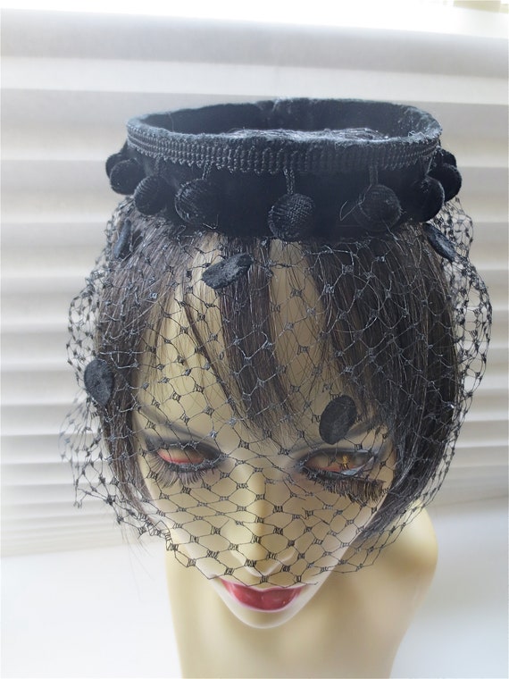 Black Velvet Veiled Hat - Cocktail Dress Hat - Pompoms and 