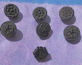 Tiny Glass Antique Mourning Buttons - Moulded Black Glass  - Blouse Dress or Shirt Fasteners -  Metal Shanks