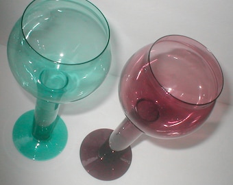 Goblet Candle Holders -  Pair - Teal and Amethyst -  Modern Design 1970s