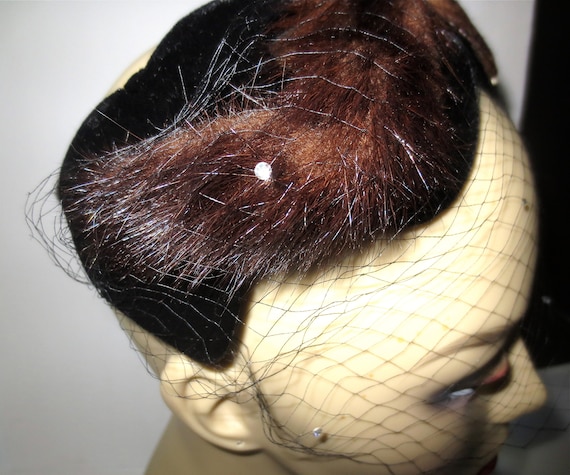 Vintage Mink Cocktail Hat - Veiled with Diamonds … - image 1