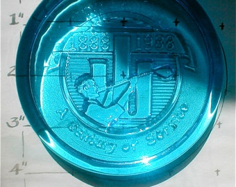 Wheaton Glass Anniversary Paperweight - Turquoise - A Century of Service 1888-1988