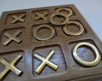 Tic Tac Toe Game of Skill - Wooden Board with Brass Crosses and O's