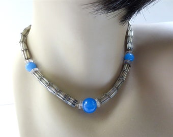 Mercury Bugle Bead Necklace - Vintage 1920s Silver and Blue Beads