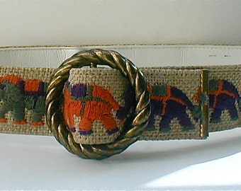 Elephant Walk Belt - Women Accessories - Vintage 1973 - Size 25 - 30 Slide Buckle - Natural Burlap and Orange and Purple Pacyderms