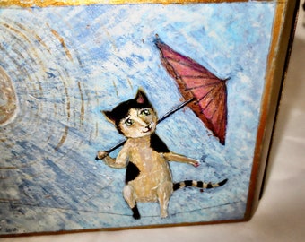 The Balancing Kit Act - Hand Painted - A Little Cat Painting on Wooden Box - Jewelry and Stash Box - No. 9  in the Litter Box Collection