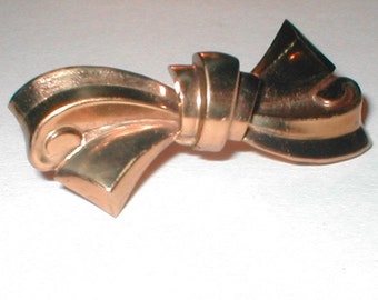 Coro Brooch - Gold Deco Bow Pin Vintage 1940s Coro Signed