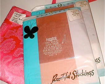 Rosedew Stockings - 2 Pairs of 60s Seamless Nylons -  Size 9 -  And a Schaiparelli Satin Hosiery Bag