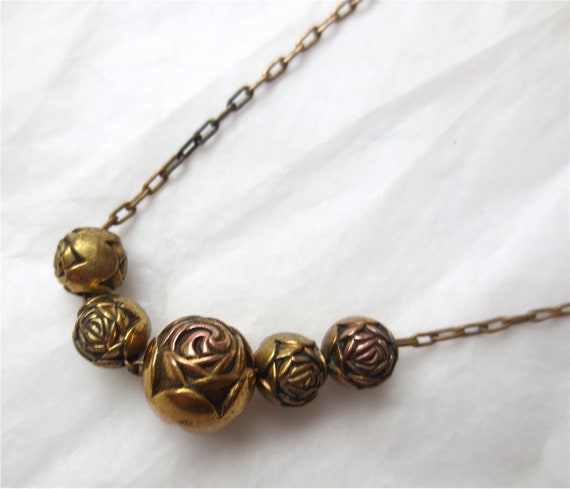 Vintage 60s Brass Rose Beaded Necklace - Choker 1… - image 6