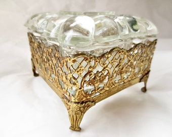 Elegance Vanity Dresser Dish - Squared Glass Dish  with Gold Metal Stand - Vintage 1960s Hollywood Regency