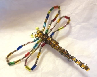 Beaded Dragonfly Pin - Artisan Made Bug Brooch -