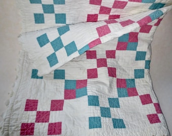 Adorable Baby or Lap Blanket - Hand Made Quilt - Vintage 1959 - Blue and Pink and White Bedding - Fancy RicRac Edge - Crib Size  - 29" x 33"