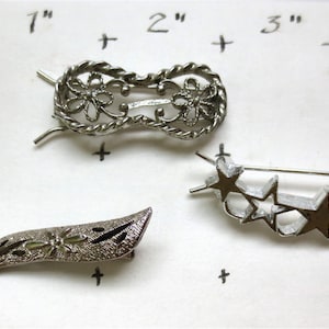 3 Silver Barrettes Hair Pins - Vintage 1980s  - Holdback Hair Decoration Hair Accessories