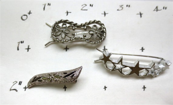 3 Silver Barrettes Hair Pins - Vintage 1980s - Ho