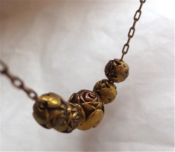 Vintage 60s Brass Rose Beaded Necklace - Choker 1… - image 3