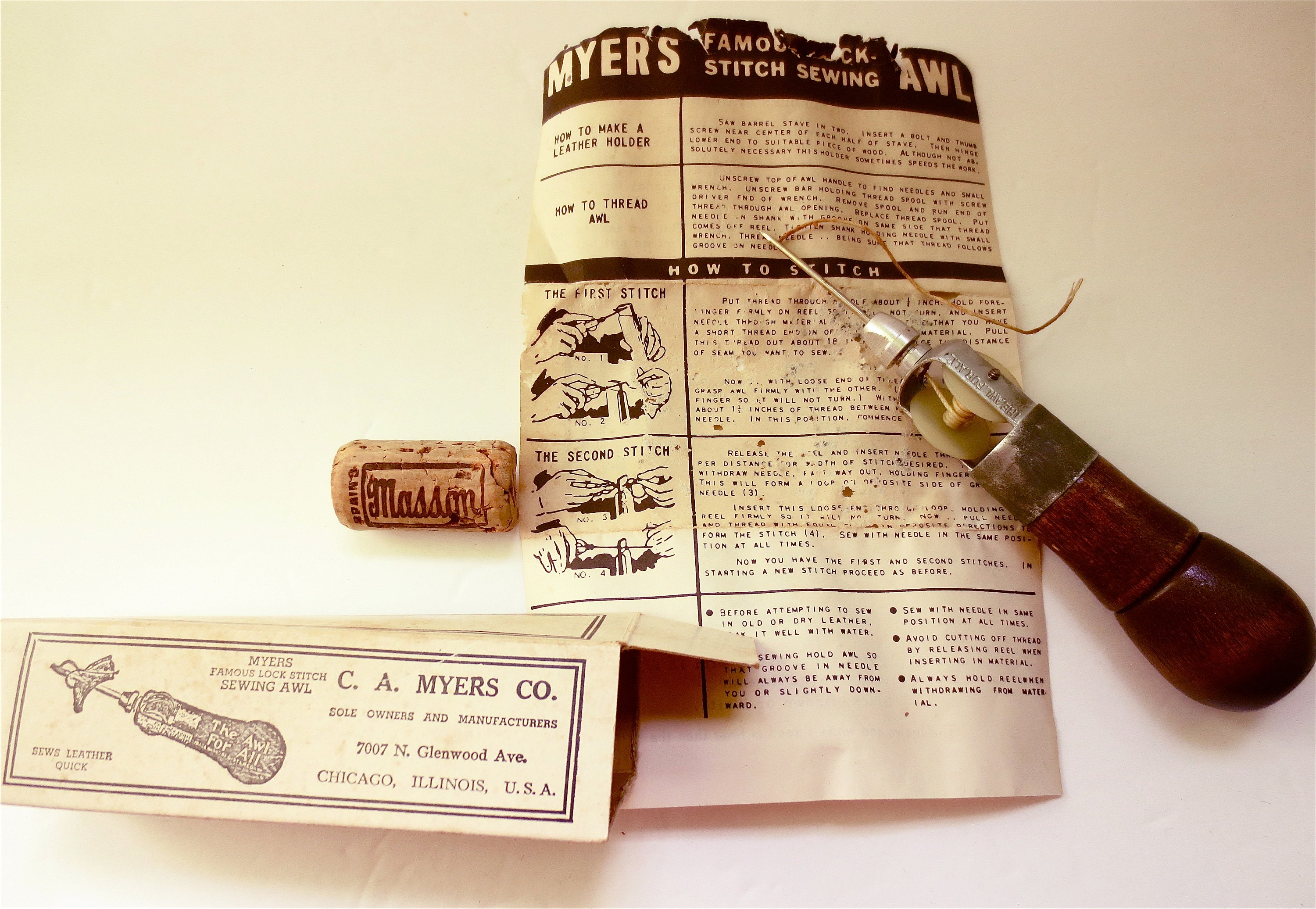 Myers Famous Lock Stitch Leather Sewing Awl C. A. Myers CO. w/Box &  Instructions
