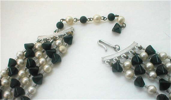 5 Strand Necklace -  Pearl and Sculpted Black Bea… - image 5