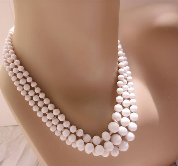 White Milk Glass Choker Necklace  - 3 Strand Knotted Glass Beads - Vintage Mid Century Multi Strand Luxe - White