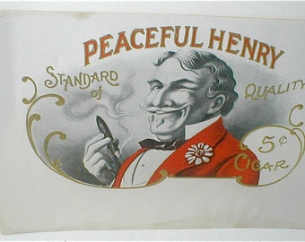 Peaceful Henry Cigar Box Label -  1930s - Inner Label - Antique Paper Ephemera - Man with a Moustache