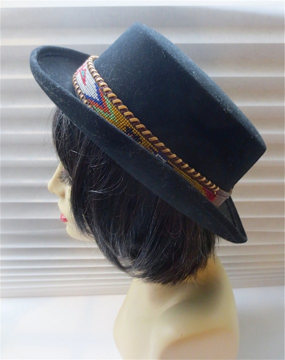 BoHo Hat - Black Wool Felt-With Beaded Leather Ba… - image 2