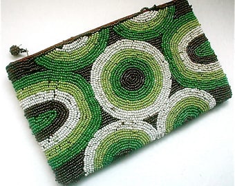 Beaded Op Art Purse Zippered Closure Vintage 80s Pocket Pouch Makeup Bag Small Clutch