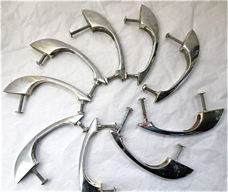 9 Chrome Cabinet Handles Vintage 1950s Kitchen Hardware Cabinetry Modern Mid Century