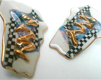 Checkered Flag of the 80's - Vintage Artisan Made Porcelain Earrings