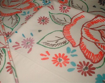 Hand Inked Flower Border Pillowcases - Vintage 1970s - Standard Size