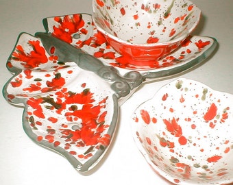 Splatter Glaze Ceramic Lotus Bowls and  Butterfly -  Vintage 70s Kitsch