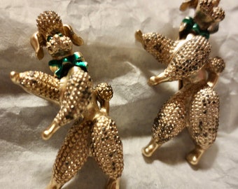 Vintage Nodding Head  Poodles Scatter Pin Pair - Vintage 60s Gold Tone  Fancy Dog Brooch Pair -