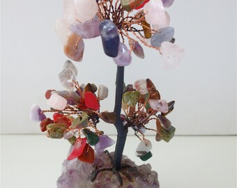 Multi Jeweled Bonsai Tree - Asian Made  - Vintage 1970s - Agate Jade  Crystal Leaves - Jeweled Bush Planted in Ceramic Vase