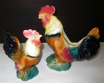 Rooster Art - Ceramic Planter and Companion Figurine - Coque farmyard Animals - King of the Roost  Vintage 1950s