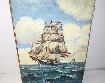 Masted Ships on the High Seas -  Oil Painting - Painted on Solid Board - Scalloped Edging - Signed Original