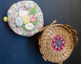 Sweetgrass Basket and Silk-wrapped Thread Crocheted Case - Hand Made - Vintage 1920s -