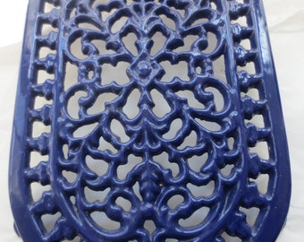 Cast Iron Trivet -  Cobalt Blue Enameled -  Hot Plate Table Protector - Picnic Delight