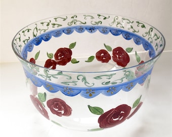 Ring Around of Roses Glass Fruit Bowl - Large Hand Painted - Country Rustic Serving Bowl - Vintage 1992