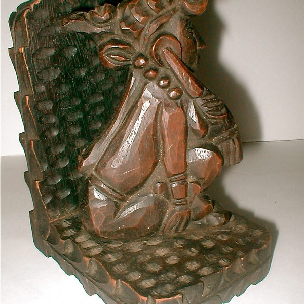 Aztec Carved Wood Bookend  - Vintage 50s - Folk Art Wooden Book Holder