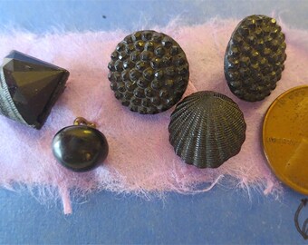 Tiny Glass Antique Mourning Buttons - Moulded Black Glass  - Blouse Dress or Shirt Fasteners -  Metal Shanks