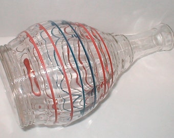 Vintage Hazel Atlas Striped Glass Carafe - 1950s Ribbed Juice Jug - Red and Blue Detailing