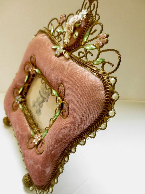 Dusty Rose Opulence Velvet Picture Frame Easel Stand Alone Rhinestones  Pearls and Gold Wiring Art 
