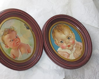 Kitschy Coo Baby Pair -  Vintage 1950s Baby Chromo  Prints - Oval Walnut Wood Frames - Nursery and Memory Decor -  Kitschy Coo