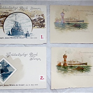 May include: Four vintage postcards featuring the Norddeutscher Lloyd Bremen steamship line. The postcards depict the steamship "Kaiser Wilhelm der Grosse" and a lighthouse. The postcards are dated April 1, 1900 and March 31, 1910.